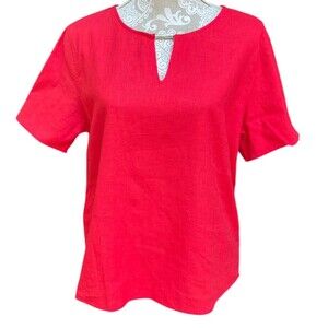 Calvin Klein Women’s 100% Linen Red Split Neck Top Silver Bar Accent NWT Size S